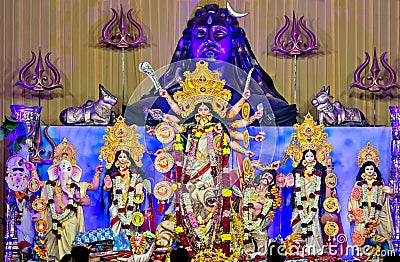 Durga pooja idols erected in a pendal during Dussehra festival in Pune Editorial Stock Photo