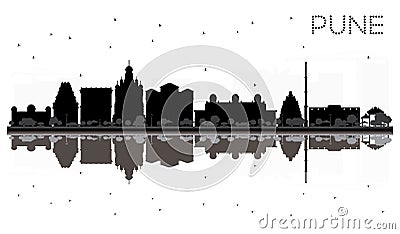 Pune skyline black and white silhouette with reflections. Cartoon Illustration