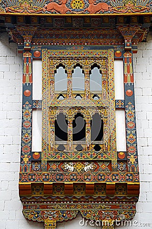 Pungtang Dechen Photrang Dzong or palace of great bliss. Carved window . Administrative centre. Punakha Dzong Stock Photo