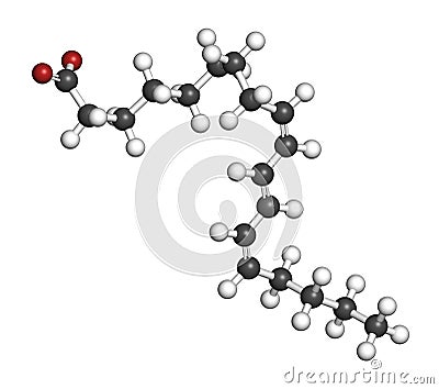 Punicic acid (trichosanic acid) molecule. Fatty acid present in pomegranate (Punica granatum). 3D rendering. Atoms are represented Stock Photo