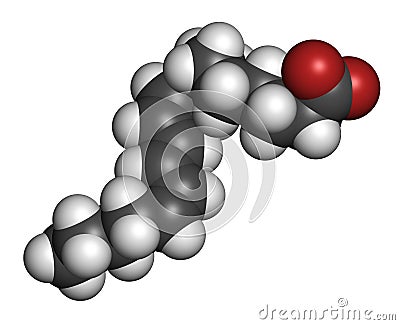 Punicic acid (trichosanic acid) molecule. Fatty acid present in pomegranate (Punica granatum). 3D rendering. Atoms are represented Stock Photo