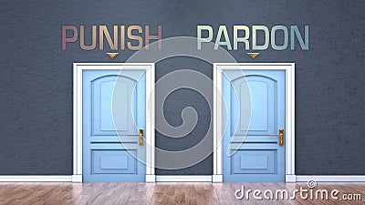 Punish and pardon as a choice - pictured as words Punish, pardon on doors to show that Punish and pardon are opposite options Cartoon Illustration