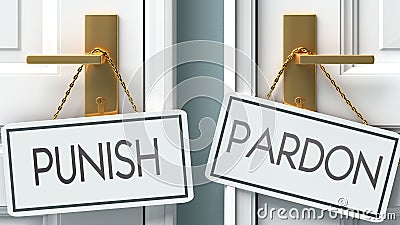 Punish and pardon as a choice - pictured as words Punish, pardon on doors to show that Punish and pardon are opposite options Cartoon Illustration