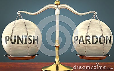 Punish and pardon staying in balance - pictured as a metal scale with weights and labels punish and pardon to symbolize balance Cartoon Illustration