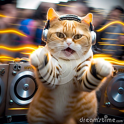 Punk Cat DJ.The disco cat plays music Cartoon Illustration