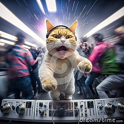 Punk Cat DJ.The disco cat plays music Cartoon Illustration