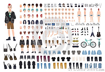 Punk DIY or constructor kit. Set of young male character or teenager body parts, emotions, postures, outfit, subculture Vector Illustration