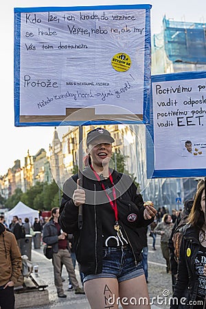 Punk girl on the demonstration on Prague Wenceslas square against the current government Editorial Stock Photo