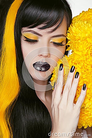 Punk Girl Portrait with Colorful Makeup, Long Hair, Nail polish. Stock Photo