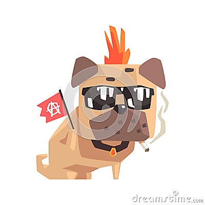 Punk Little Pet Pug Dog Puppy With Collar Smoking And Holding Anarchy Flag Emoji Cartoon Illustration Vector Illustration