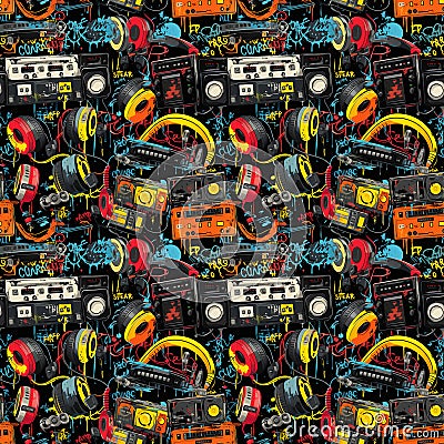 Punk revival seamless pattern tile design with retro music design elements Stock Photo