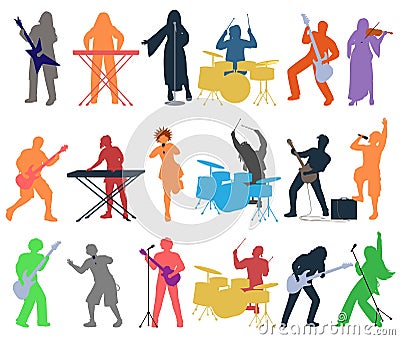 Punk or rock band people silhouette playing different musical instrument Vector Illustration