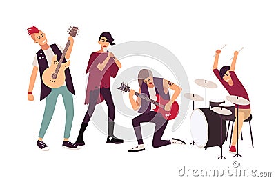 Punk rock band performing on stage. Group of young teenage men and women with mohawks singing and playing music during Vector Illustration