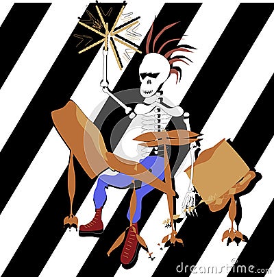 Punk rock hand drawing vector mohican skeleton playing the drums Vector Illustration