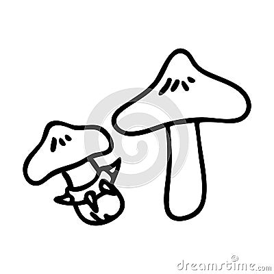 Punk rock webcap fungi monochrome lineart vector illustration. Simple alternative sticker clipart. Kids emo rocker cute Vector Illustration