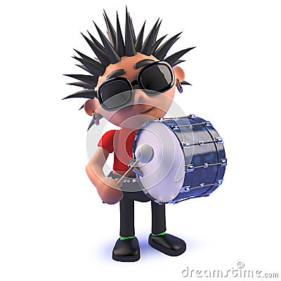 Punk rocker cartoon 3d character banging a big bass drum Stock Photo