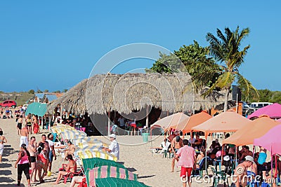 Punta Arenas Playa Punta Arenas, Makanao, island of Margarita, Venezuela - Jan 08, 2015: Recreation area on beach Editorial Stock Photo