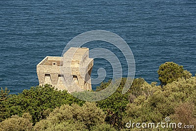 Punta Campanella and landscape of Sorrento`s peninsula and island of Capri Stock Photo