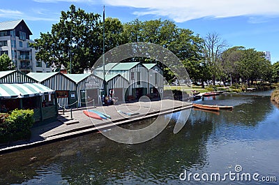 Punting and Kayaks boat shed on the Avon river Christchurch - N Editorial Stock Photo