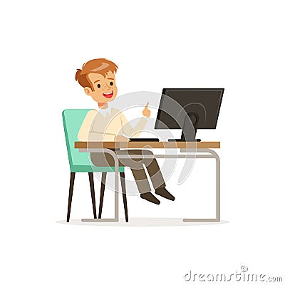 Pupil of elementary school sitting at computer, informatics lesson at school vector Illustration on a white background Vector Illustration