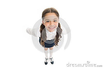 Pupil of first grade. School uniform. Back to school. Student little kid adores school. Smiling schoolgirl. Celebrate Stock Photo