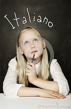 Pupil Girl Learning Italian. Female Primary School Student Stock Photo