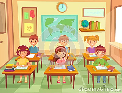 Pupil kids at classroom. Primary school children pupils, smiling boys and girls study in schools class cartoon vector Vector Illustration