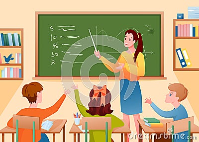Pupil kids and teacher in classroom, woman teaching children with pointer, school lesson Vector Illustration
