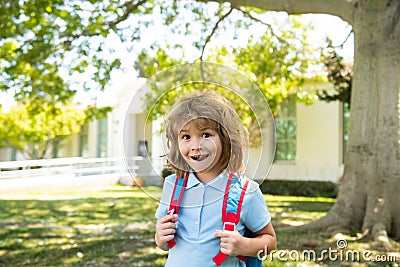 Pupil of primary school with book in hand. Schoolboy with backpack near school outdoors. Beginning of lessons. Stock Photo