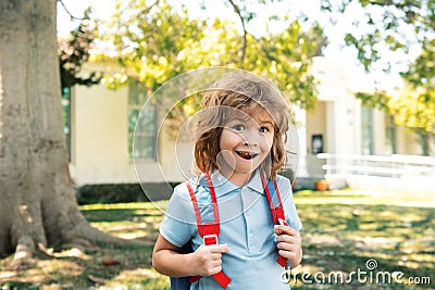 Pupil of primary school with book in hand. Schoolboy with backpack near school outdoors. Beginning of lessons. Stock Photo