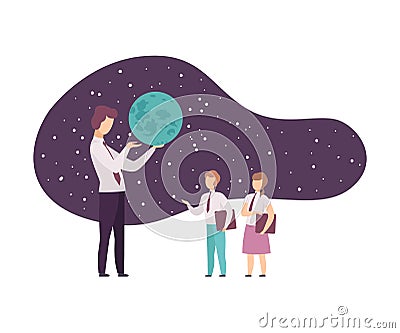 Pupils Attending Lecture in Planetarium Vector Illustration. Man Showing the Globe Vector Illustration