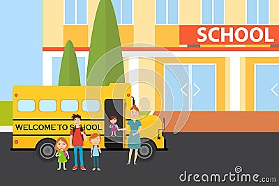 The pupils came to school. Pupils stand near a school bus. Cartoon Illustration