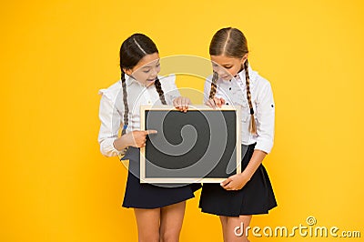 Pupils community. Classmates initiative team yellow background. Join school club. School schedule. School announcement Stock Photo