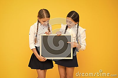 Pupils community. Classmates initiative team yellow background. Join school club. School schedule. School announcement Stock Photo