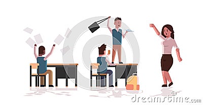 Pupils demonstrating bad behavior throwing papers taking photos mocking and teasing teacher during lesson bullying Vector Illustration