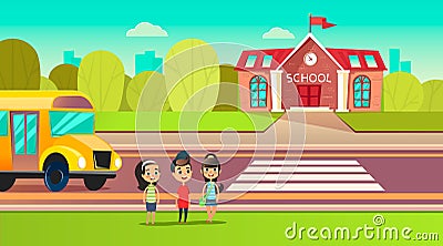 Pupils are near the school bus. School across the road. Transition in front of the school. Students are going to learn Vector Illustration