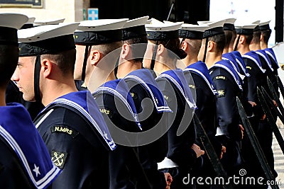 Pupils non-commissioned officers of the Italian Navy lined up from behind. Taranto, Puglia, Italy Editorial Stock Photo