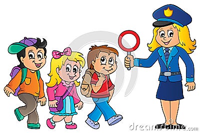 Pupils and policewoman image 1 Vector Illustration