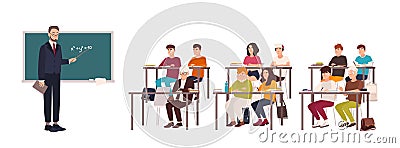 Pupils sitting at desks in classroom, demonstrating good behavior and attentively listening to teacher standing beside Vector Illustration