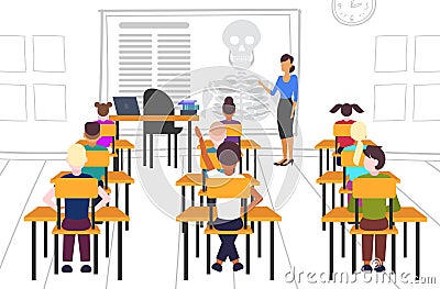 Pupils sitting desks looking at female teacher pointing at skeleton biology anatomy lesson school education concept Vector Illustration