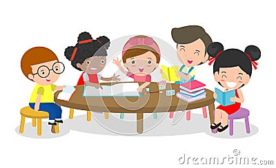 Pupils study in the classroom, Boys and girls sitting around round table, children reading books and discuss them Vector Illustration