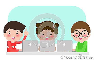 Pupils study in the classroom with laptop and tablet pc, Happy children sitting at laptops and learning school lesson, Kids using Vector Illustration