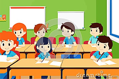 Pupils study in the classroom. School interior. Education illustration. Pupils raising hands. Back to school. Primary Vector Illustration
