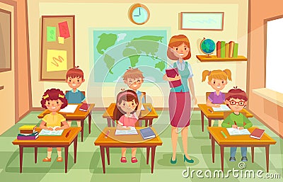 Pupils and teacher in classroom. School pedagogue teach lesson to pupil kids. Schools lessons at class cartoon vector illustration Cartoon Illustration