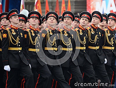 The pupils of the Tver Kalinin Suvorov military school during the parade on red square in honor of Victory Day. Editorial Stock Photo
