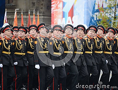 The pupils of the Tver Kalinin Suvorov military school during the parade on red square in honor of Victory Day. Editorial Stock Photo