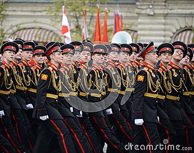 The pupils of the Tver Kalinin Suvorov military school during the parade on red square in honor of Victory Day. Editorial Stock Photo