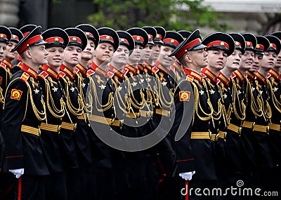 Pupils of the Tver Military Suvorov School for the dress rehearsal for the Red Square in honor of the Victory Day Editorial Stock Photo