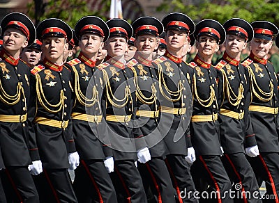 Pupils of the Tver Military Suvorov School during the parade on Red Square in honor of the Victory Day. Editorial Stock Photo