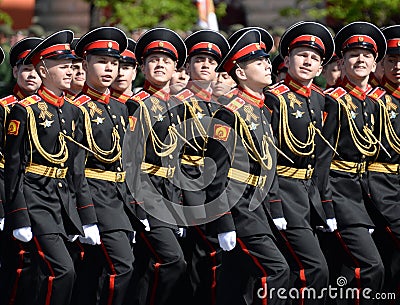 Pupils of the Tver Military Suvorov School during the parade on Red Square in honor of the Victory Day. Editorial Stock Photo